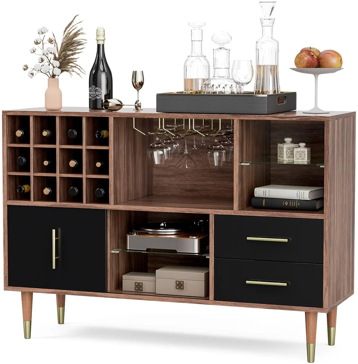 47 Inch Walnut Black Kitchen Sideboard Buffet Storage Cabinet with Wine Rack O22053