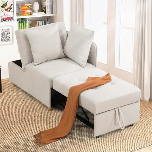 Beige 3-Seat Linen Fabric Convertible Sofa Bed with 2 Throw Pillows G387
