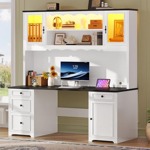 White & Black Executive Desk with Hutch and Drawers, Power Outlet & LED Lights, Storage Shelves, Storage Cabinet with Glass Door X623654