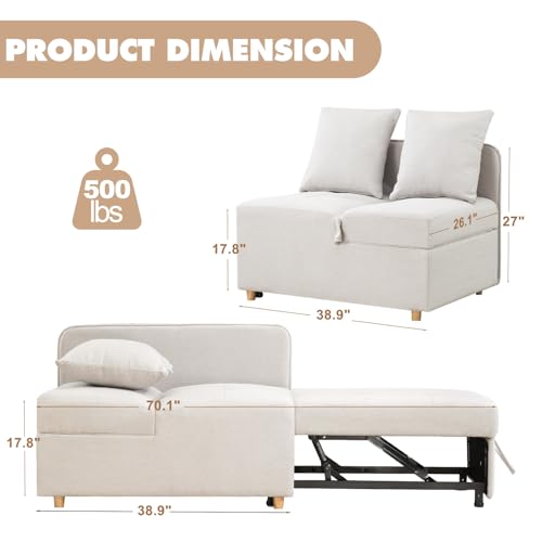 Beige 3-Seat Linen Fabric Convertible Sofa Bed with 2 Throw Pillows G387