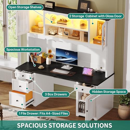 White & Black Executive Desk with Hutch and Drawers, Power Outlet & LED Lights, Storage Shelves, Storage Cabinet with Glass Door X623654
