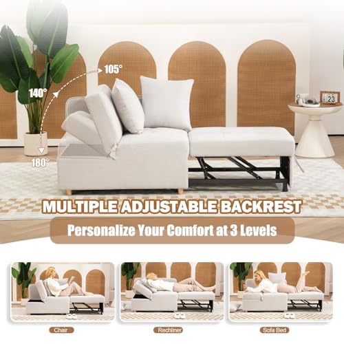 Beige 3-Seat Linen Fabric Convertible Sofa Bed with 2 Throw Pillows G387