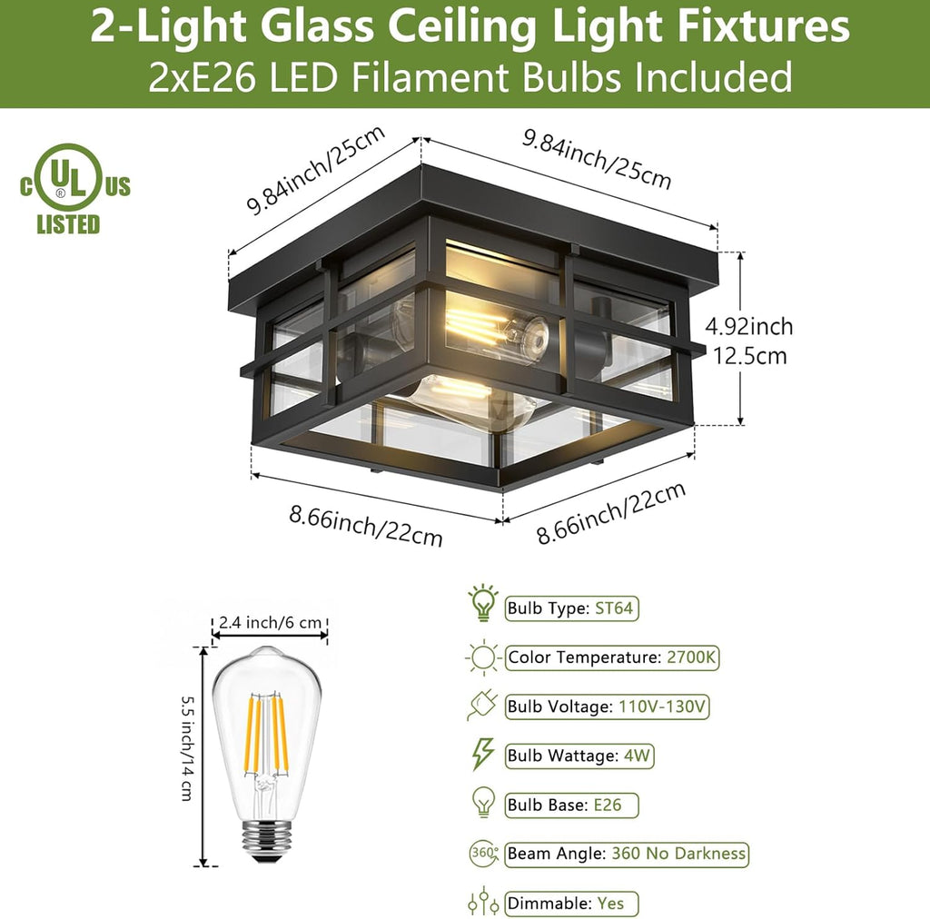 2-Light Black Flush Mount Ceiling Light Fixtures with Clear Glass Shade A34719