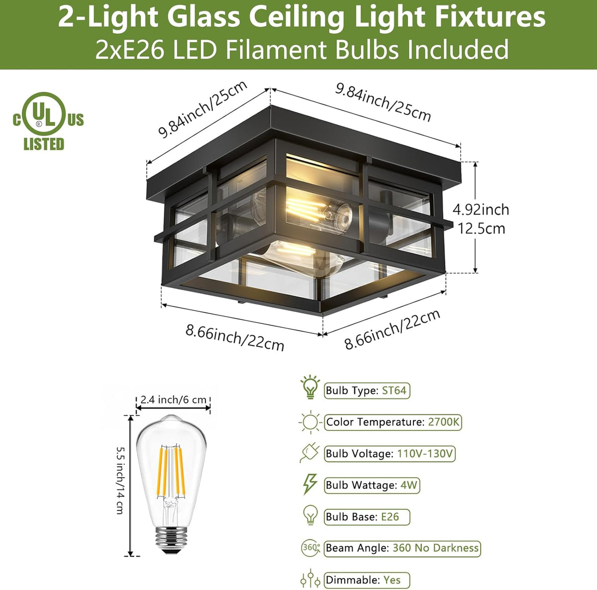 2-Light Black Flush Mount Ceiling Light Fixtures with Clear Glass Shade A34719