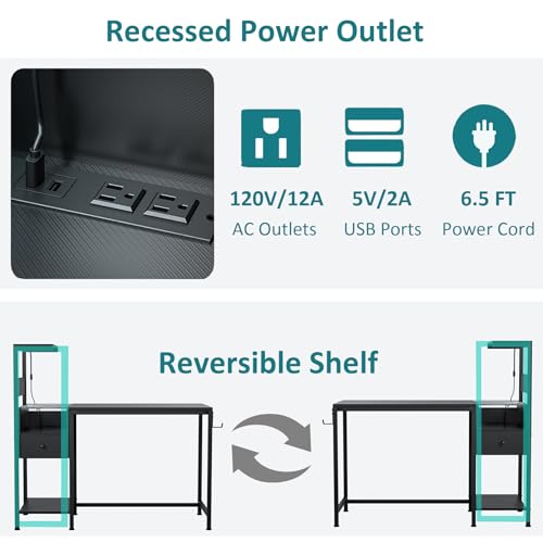 Black Reversible Gaming Desk with LED Lights & Power Outlets Y60789