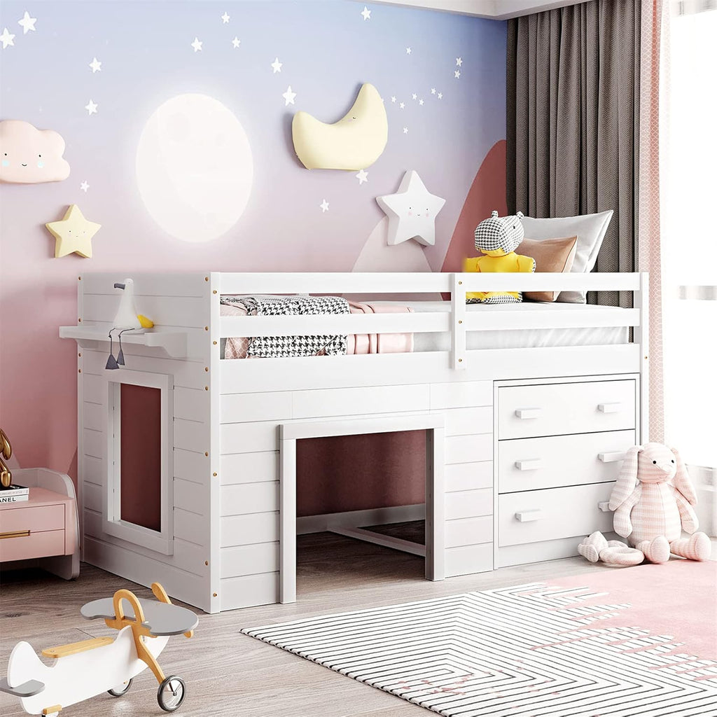 White Twin Loft Bed with Slide and Storage K785682