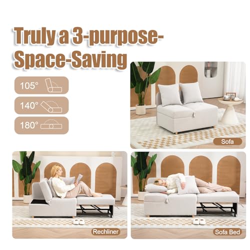 Beige 3-Seat Linen Fabric Convertible Sofa Bed with 2 Throw Pillows G387