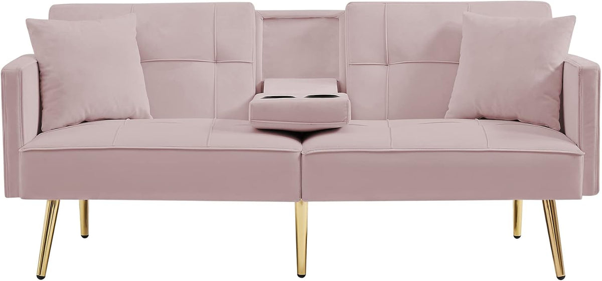 Pink Velvet Convertible Futon Loveseat Sofa Bed with 2 Cup Holders F77666