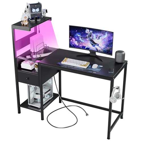Black Reversible Gaming Desk with LED Lights & Power Outlets Y60789