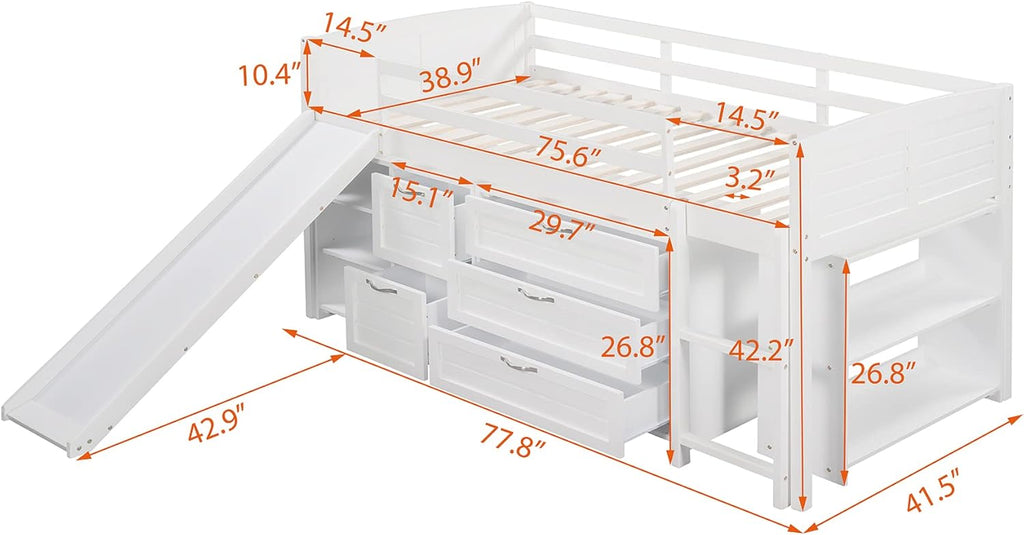 White Twin Low Loft Bed with Slide Storage Cabinets Drawers Shelves K87283