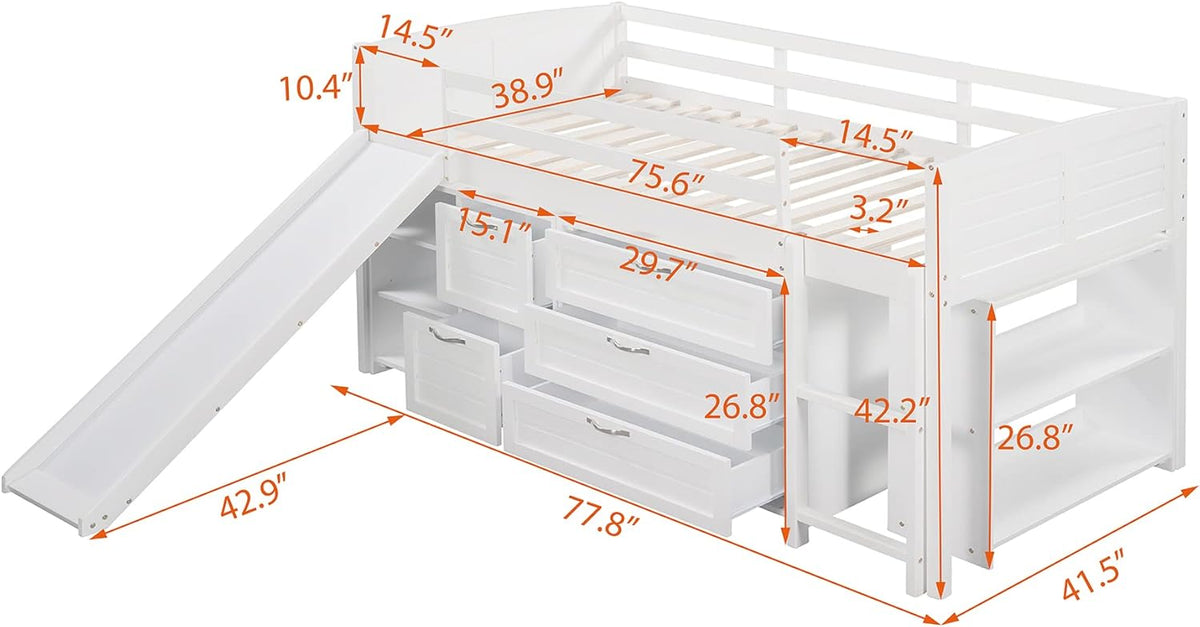 White Twin Low Loft Bed with Slide Storage Cabinets Drawers Shelves K87283