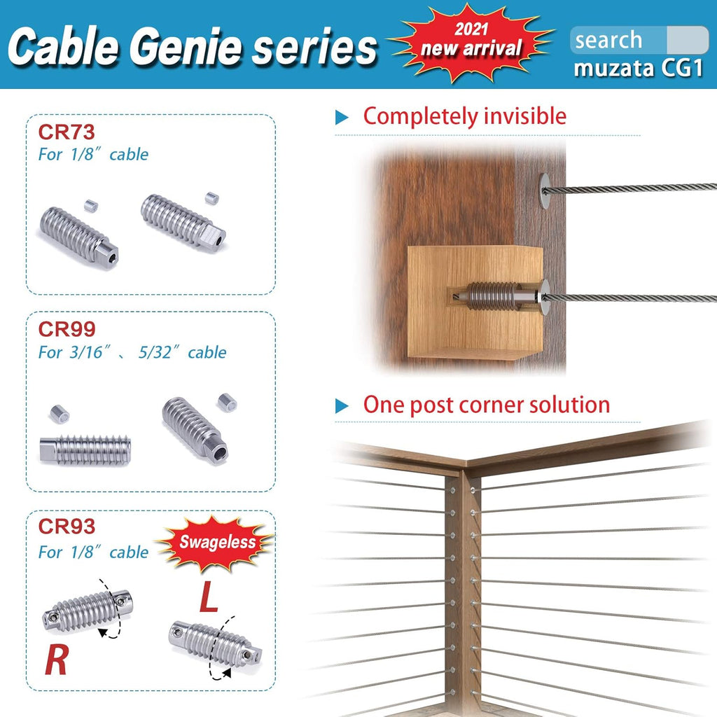 10 Pair Invisible Cable Railing Kit 1/8 Swage Tensioner and Terminal T316 Stainless Steel A246421