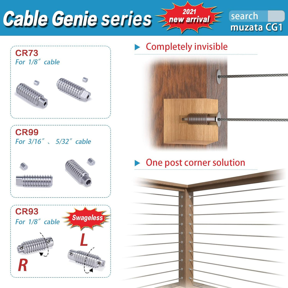 10 Pair Invisible Cable Railing Kit 1/8 Swage Tensioner and Terminal T316 Stainless Steel A246421