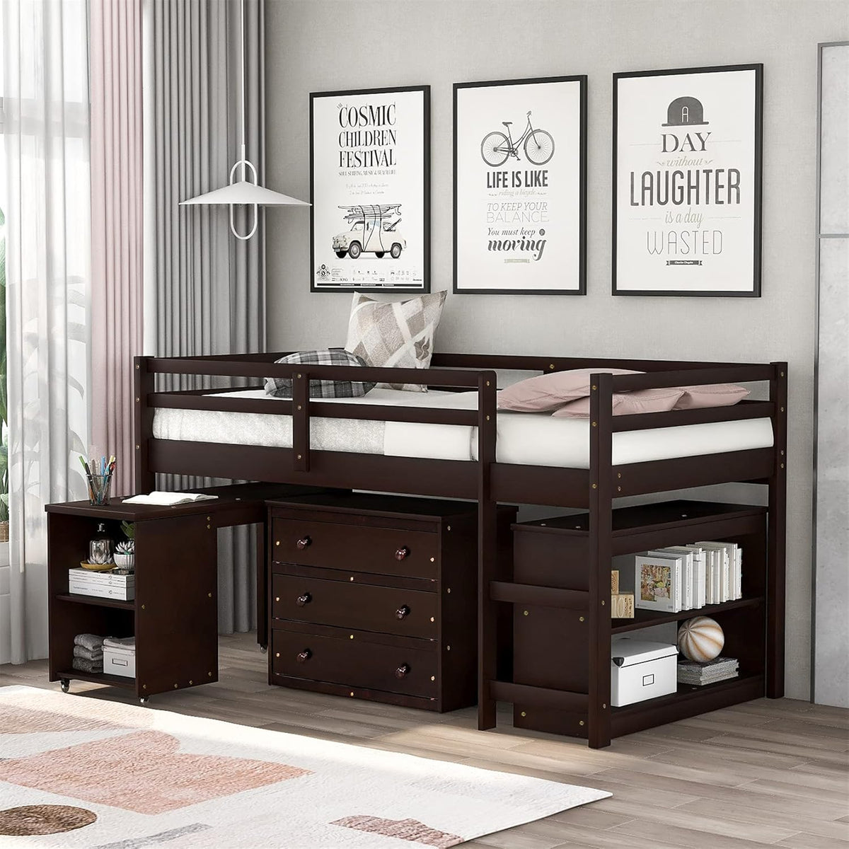 White Twin Loft Bed with Slide and Storage K785682