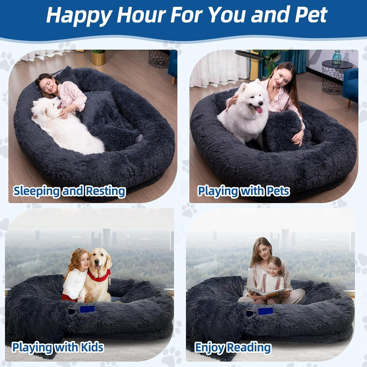 75"x48"x14" Dark Grey Faux Fur Human Size Dog Bed V742