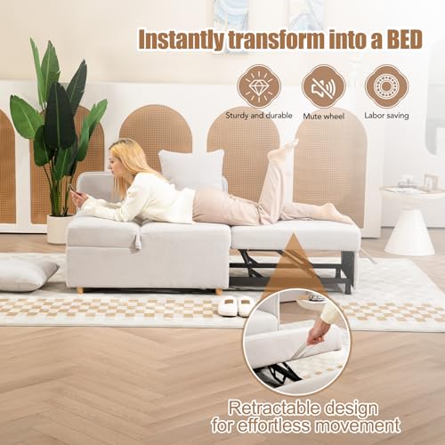 Beige 3-Seat Linen Fabric Convertible Sofa Bed with 2 Throw Pillows G387