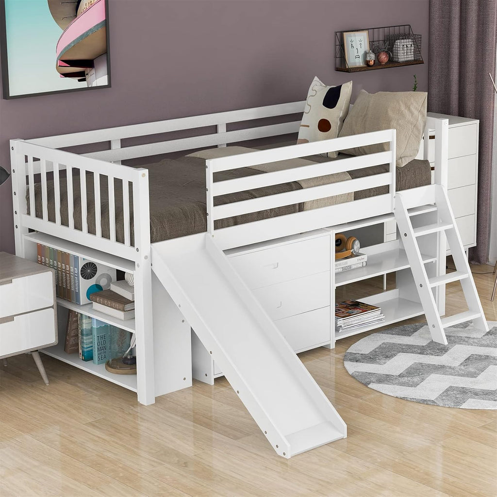 White Twin Loft Bed with Slide and Storage K785682