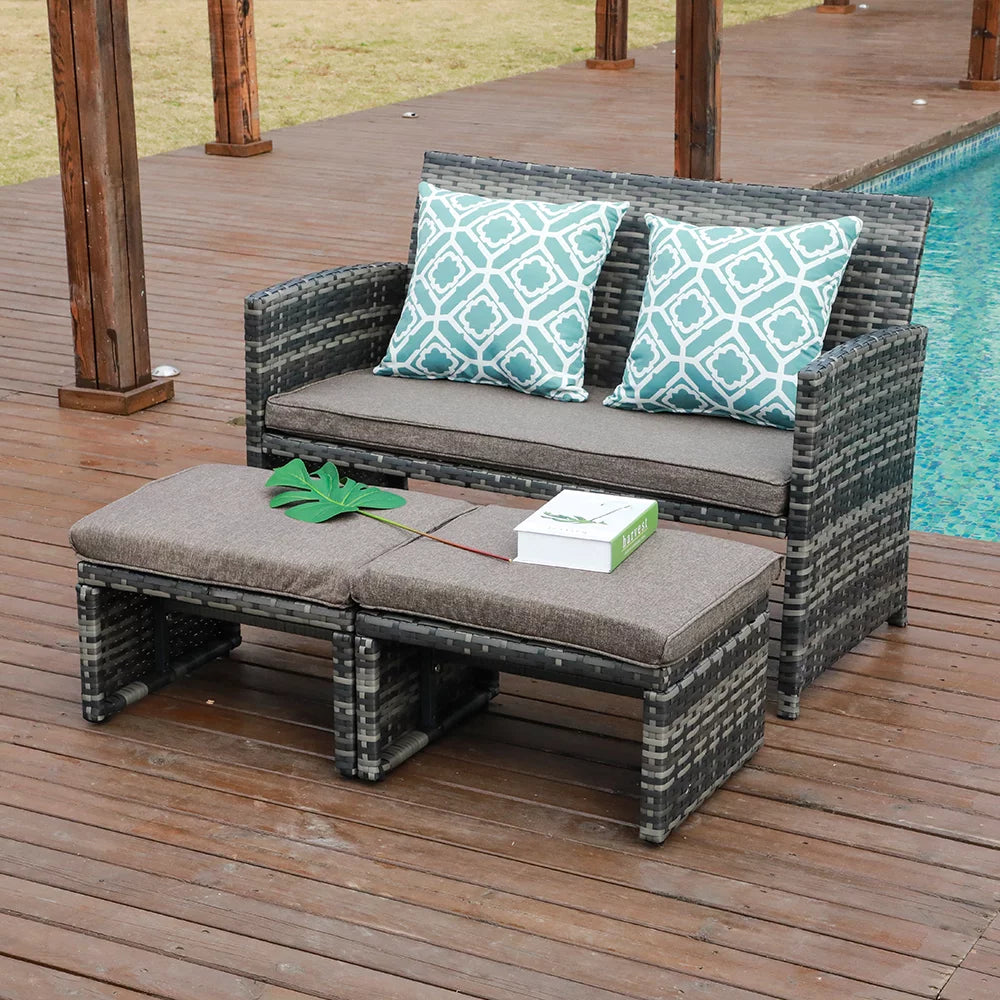 Grey Wicker Rattan Outdoor Loveseat with White Cushions P4654