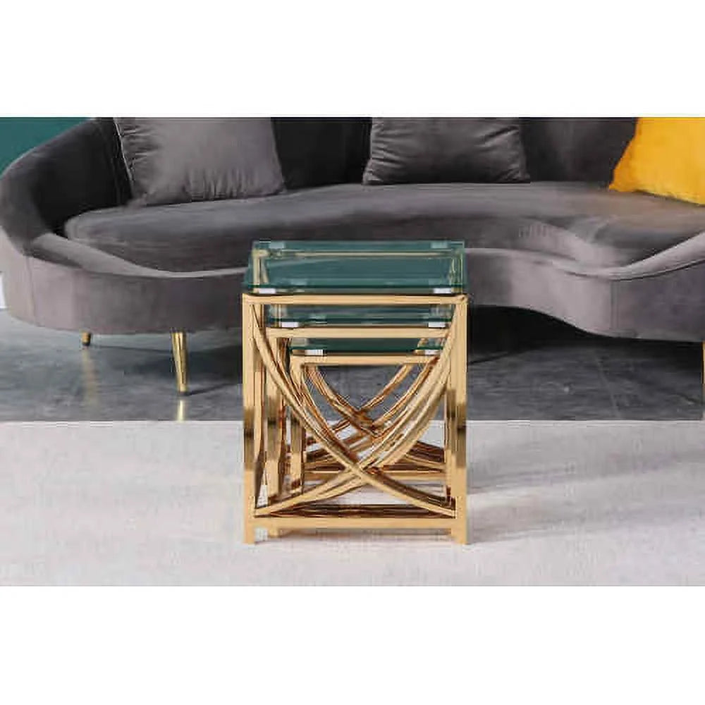 3 Pieces Gold Square Nesting Glass End Tables H823828