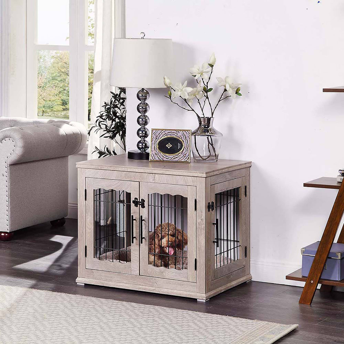 Wooden End Table with Wire Dog Kennel in Weathered Gray, Medium I192