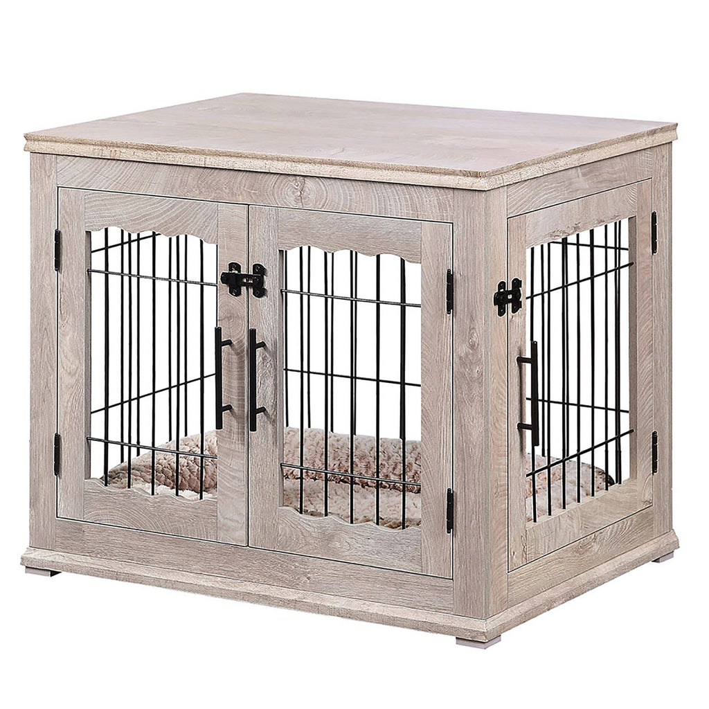 Wooden End Table with Wire Dog Kennel in Weathered Gray, Medium I192