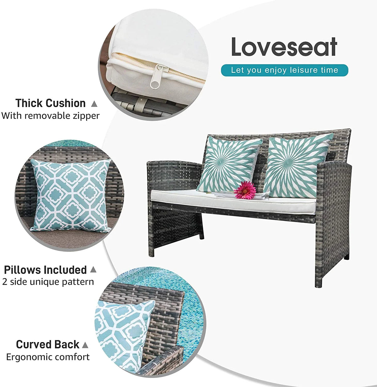 Grey Wicker Rattan Outdoor Loveseat with White Cushions P4654