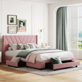 Queen Size Pink Linen Upholstered Platform Bed with 3 Storage Drawers K842