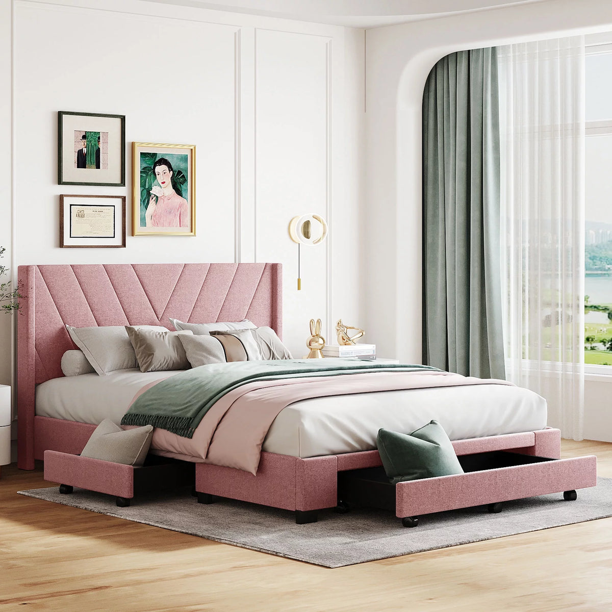 Queen Size Pink Linen Upholstered Platform Bed with 3 Storage Drawers K842