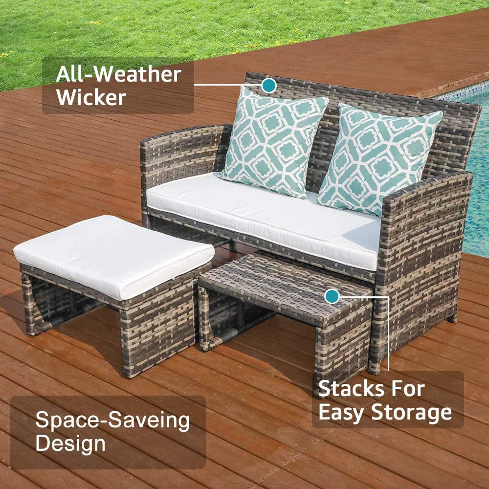 Grey Wicker Rattan Outdoor Loveseat with White Cushions P4654