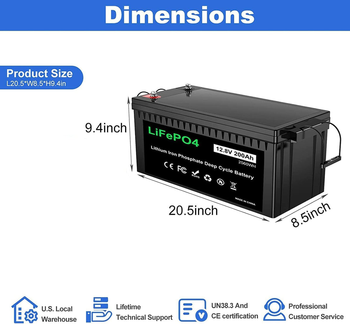 12V 200Ah Plus Lithium Battery, LiFePO4 RV Deep Cycle Rechargeable Battery, Built-in 200A BMS K330511