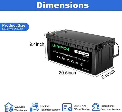 12V 200Ah Plus Lithium Battery, LiFePO4 RV Deep Cycle Rechargeable Battery, Built-in 200A BMS K330511
