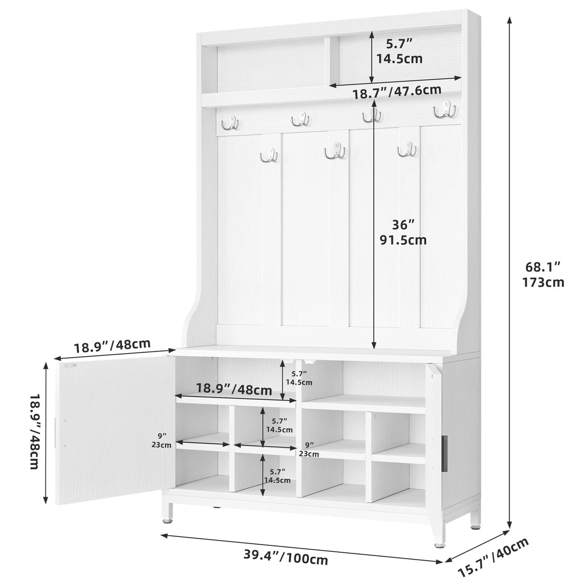 White Hall Tree with Storage Bench and 14 Hooks O156