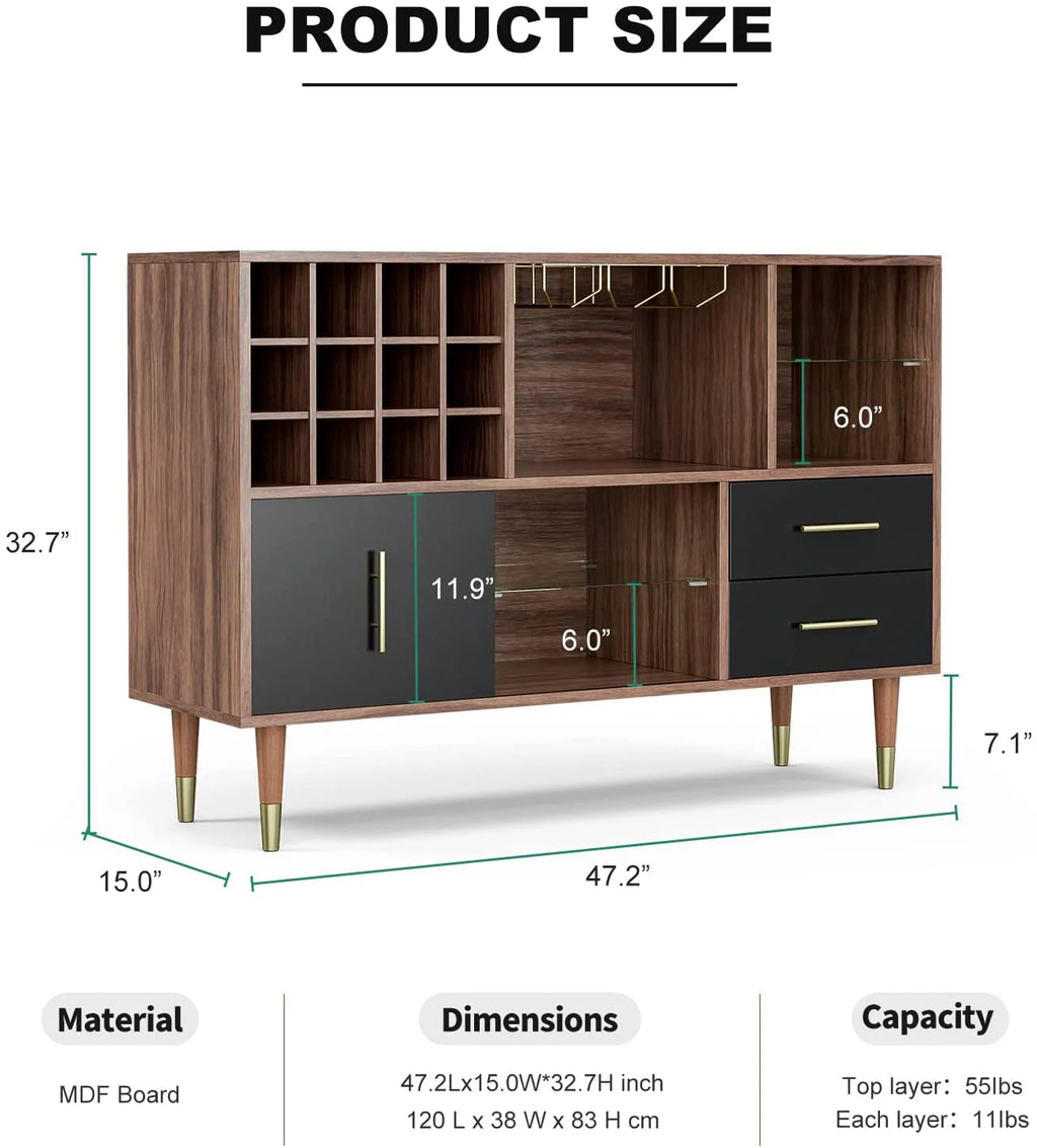 47 Inch Walnut Black Kitchen Sideboard Buffet Storage Cabinet with Wine Rack O22053