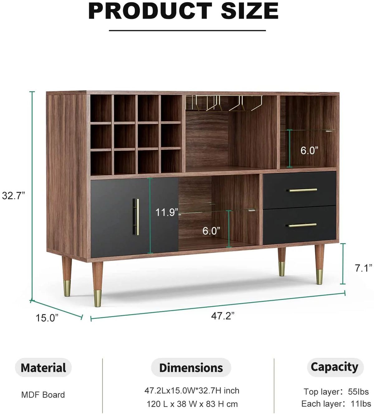 47 Inch Walnut Black Kitchen Sideboard Buffet Storage Cabinet with Wine Rack O22053