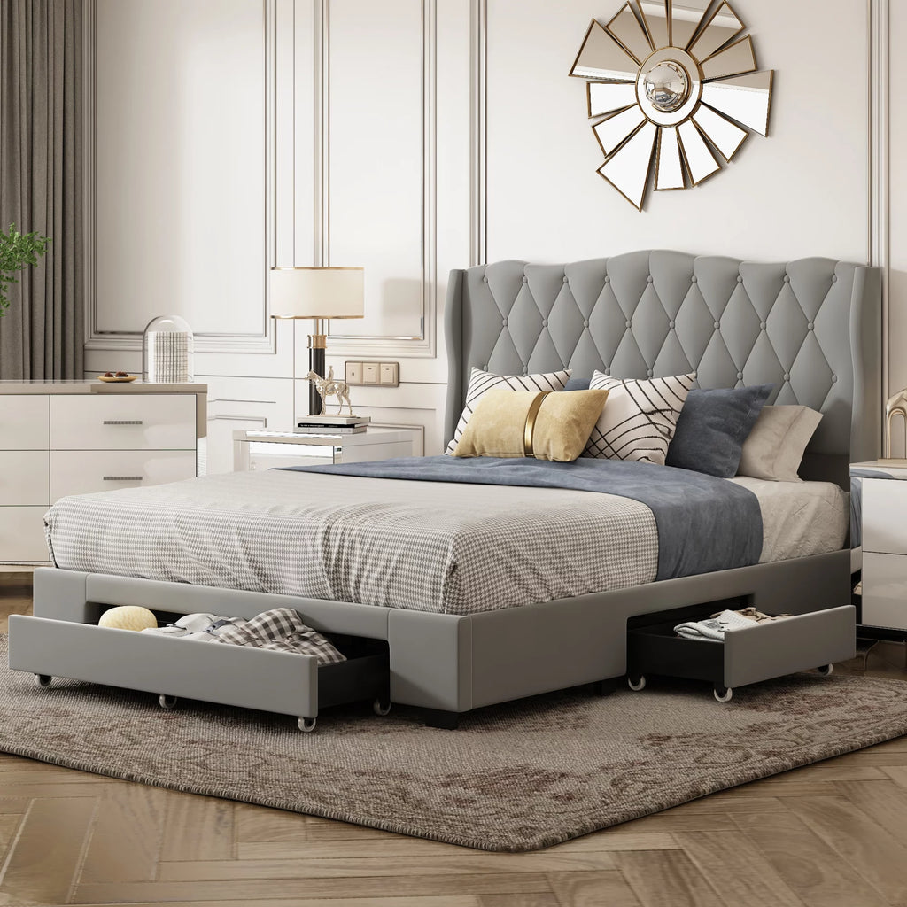 Queen Size Gray Velvet Upholstered Platform Bed with 3 Drawers B342854