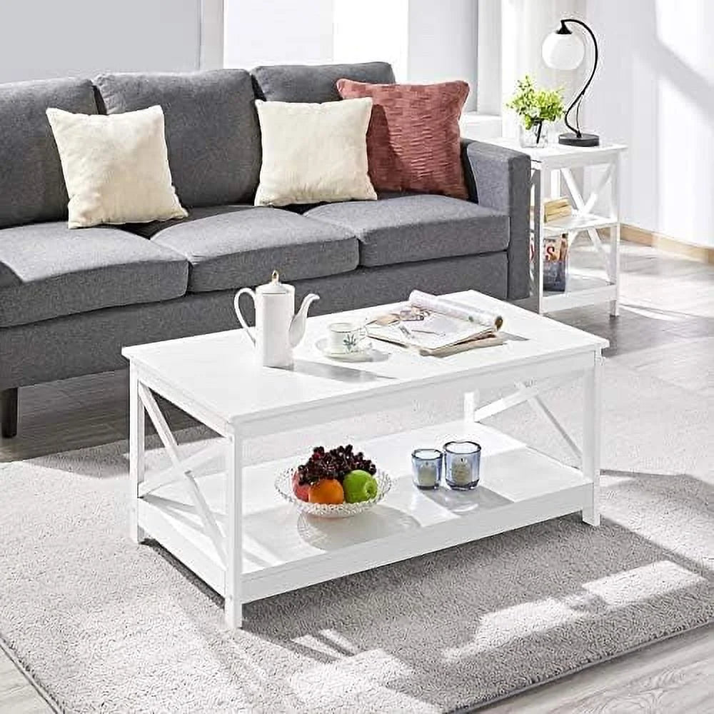 White 2-Tier Wood Coffee Table 39.5 x 21.5 x 18 Inches I8965