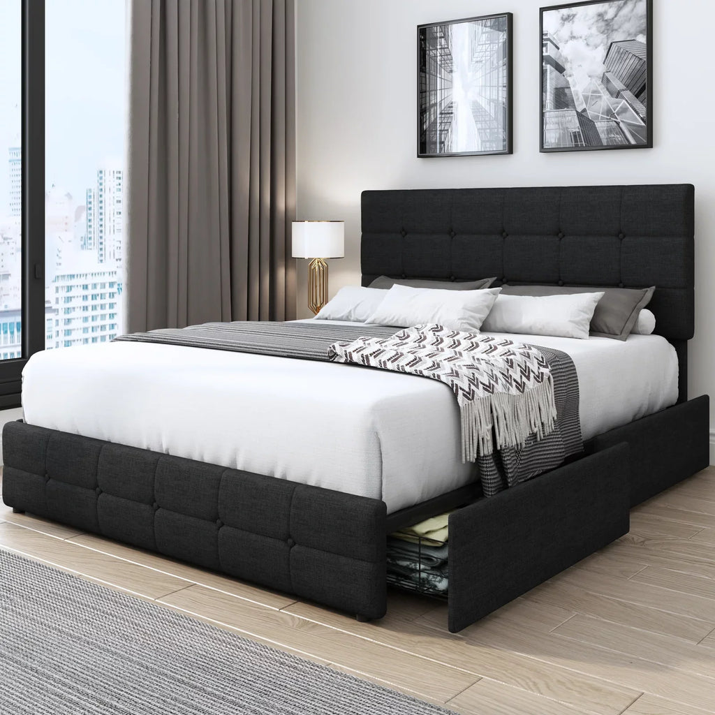 Queen Size 4 Drawer Upholstered Platform Bed with Adjustable Headboard M717