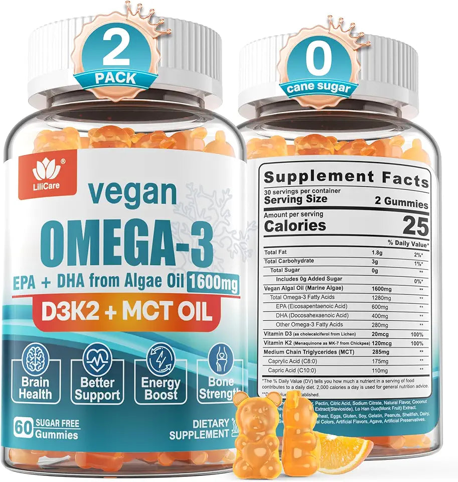 Vegan Omega3 Gummies 1280mg with Vitamin D3 K2, Sugar Free, 2 Pack H7223