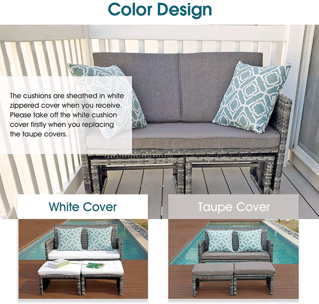 Grey Wicker Rattan Outdoor Loveseat with White Cushions P4654