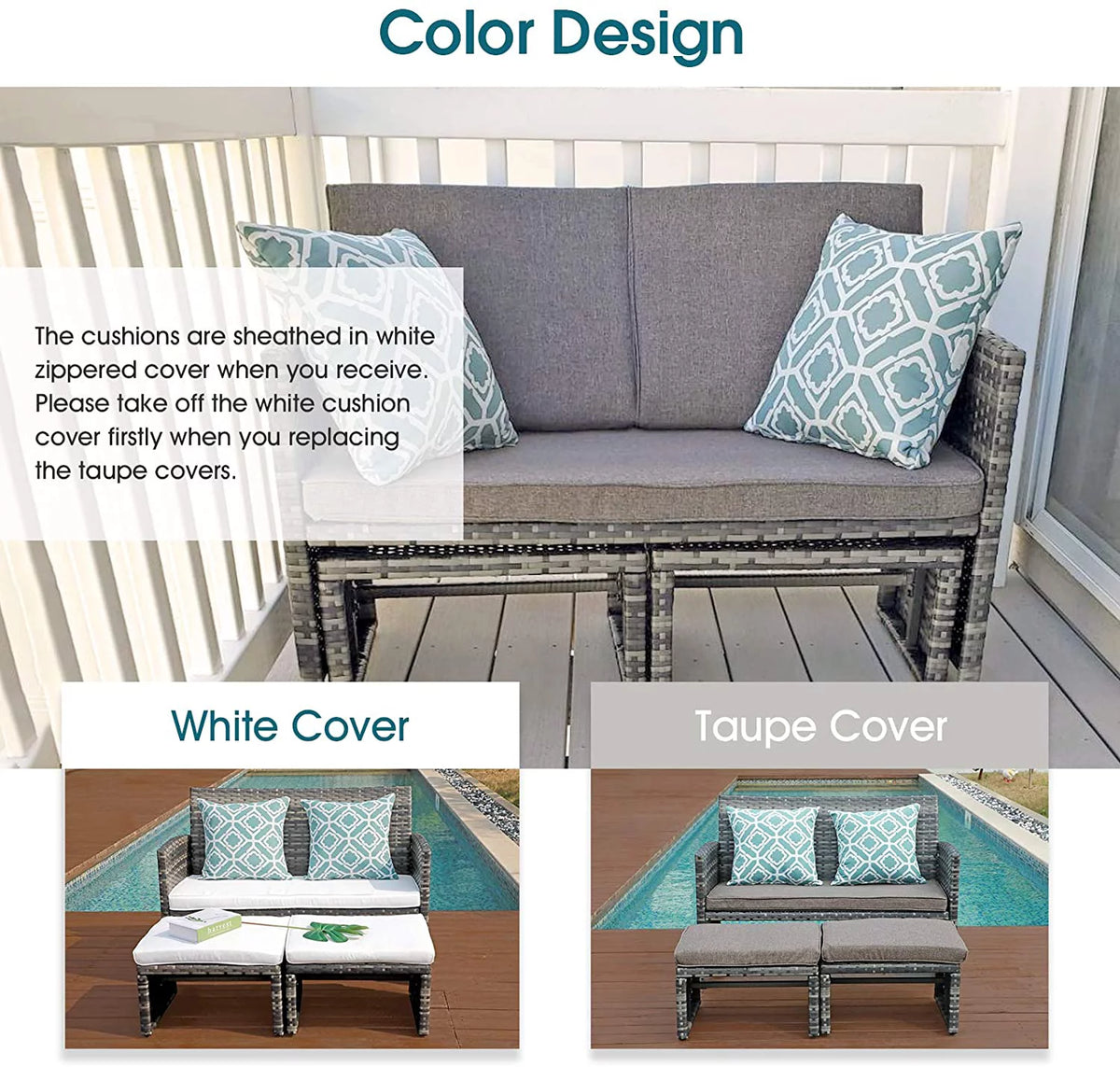 Grey Wicker Rattan Outdoor Loveseat with White Cushions P4654