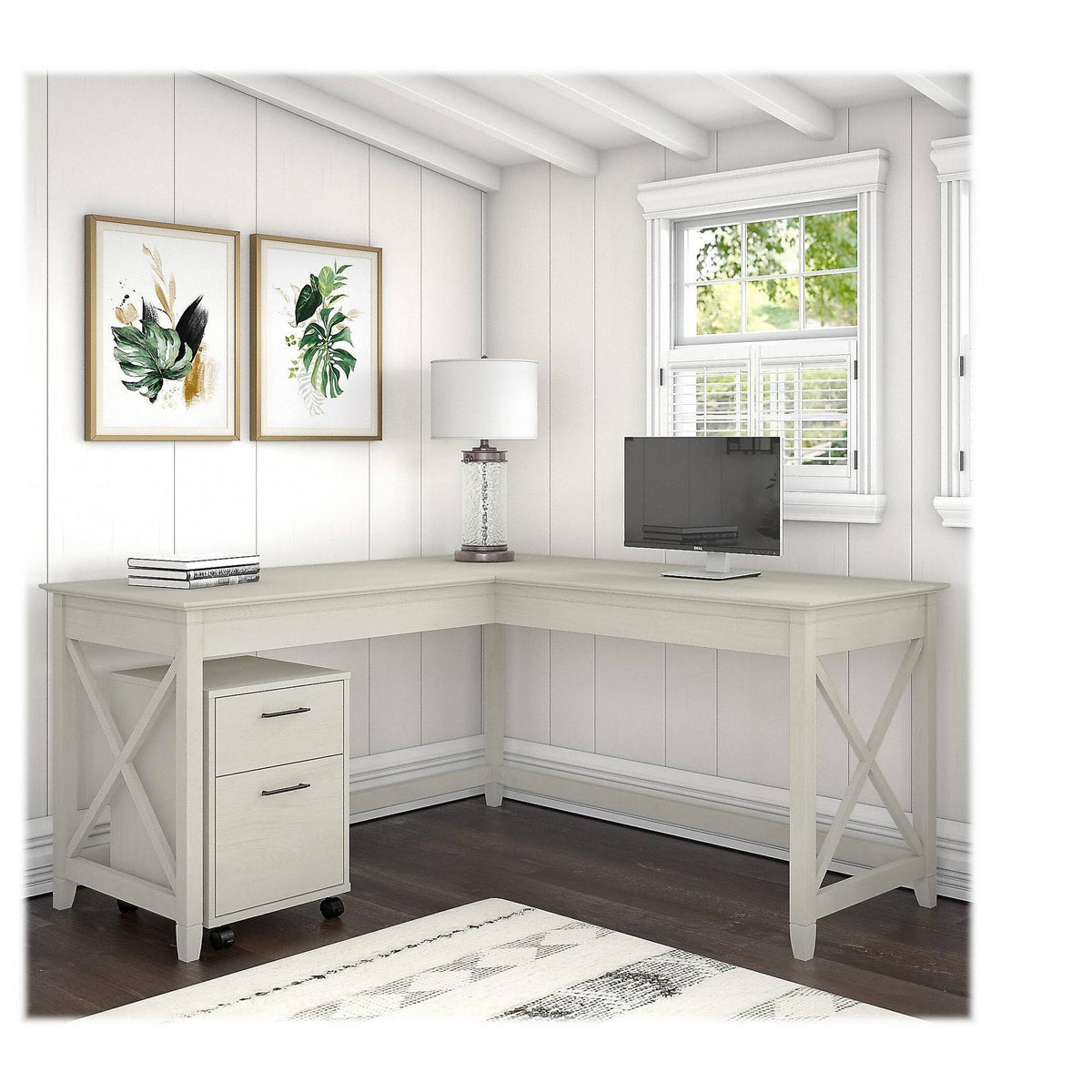 Linen White Oak L-Shaped Desk with 2-Drawer Mobile File Cabinet K762