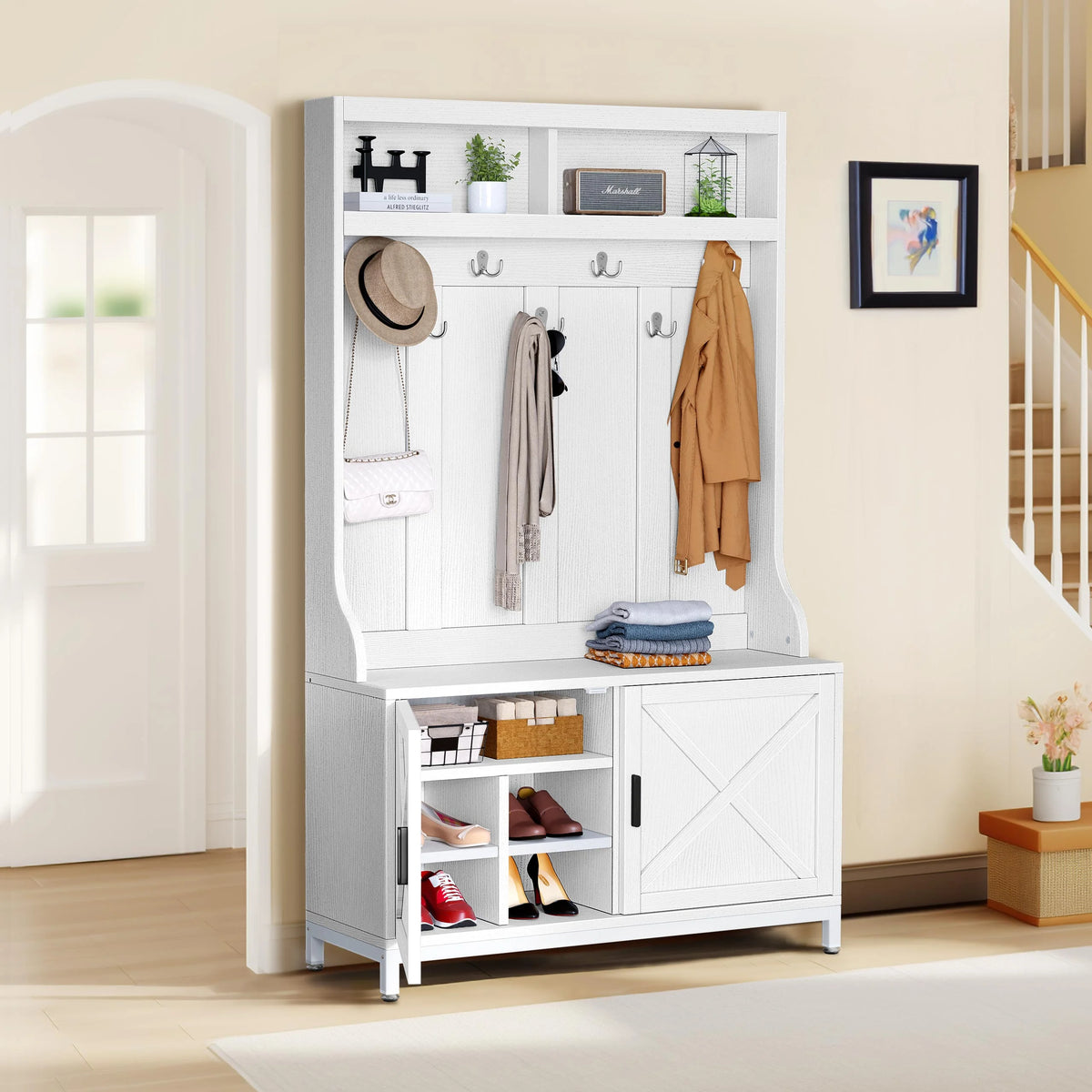 White Hall Tree with Storage Bench and 14 Hooks O156