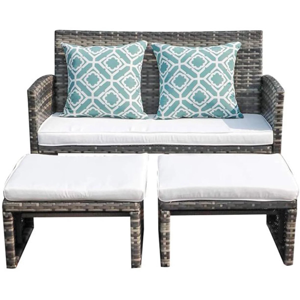 Grey Wicker Rattan Outdoor Loveseat with White Cushions P4654