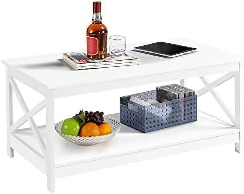 White 2-Tier Wood Coffee Table 39.5 x 21.5 x 18 Inches I8965