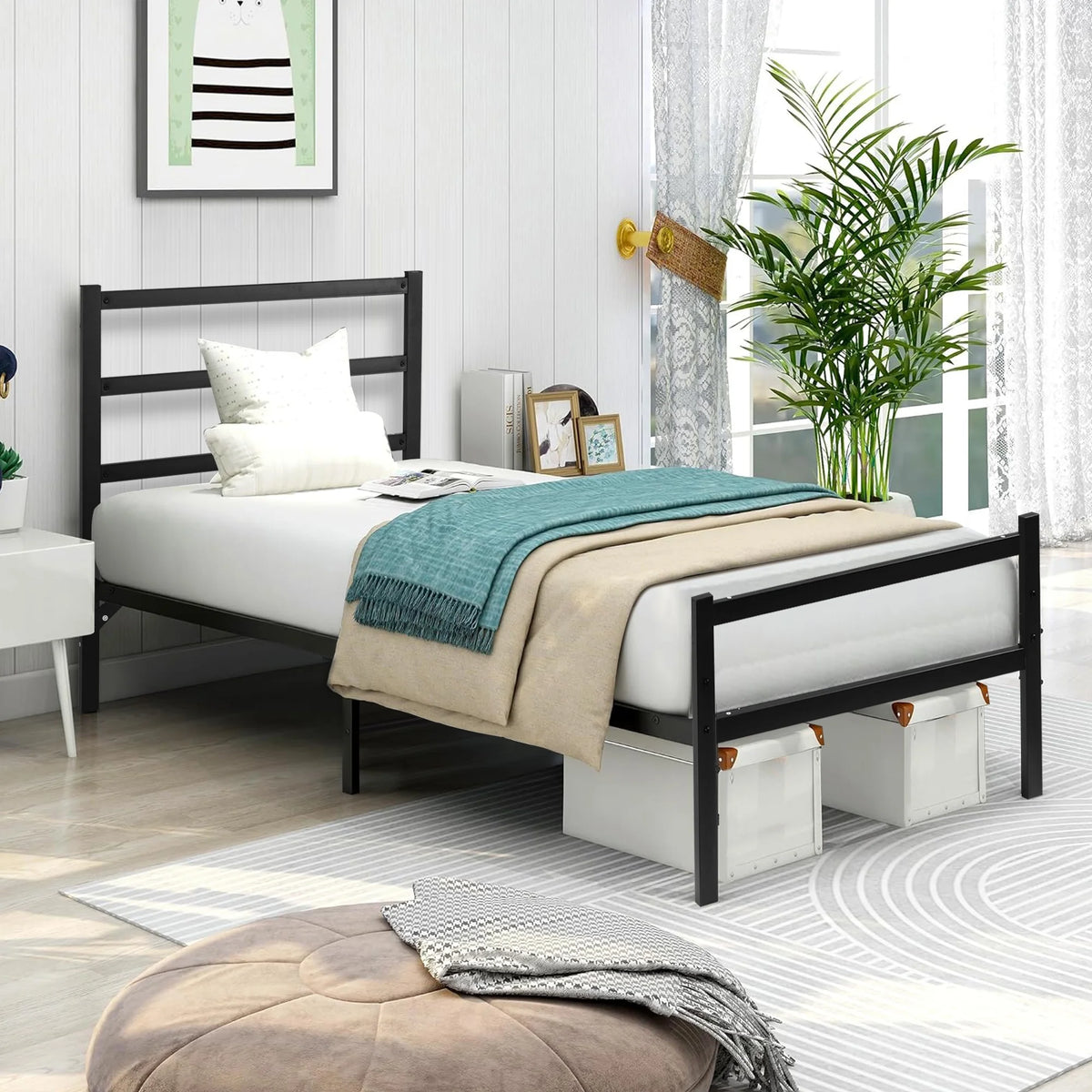 Black Twin Size Platform Bed Frame with Wood Headboard T37236