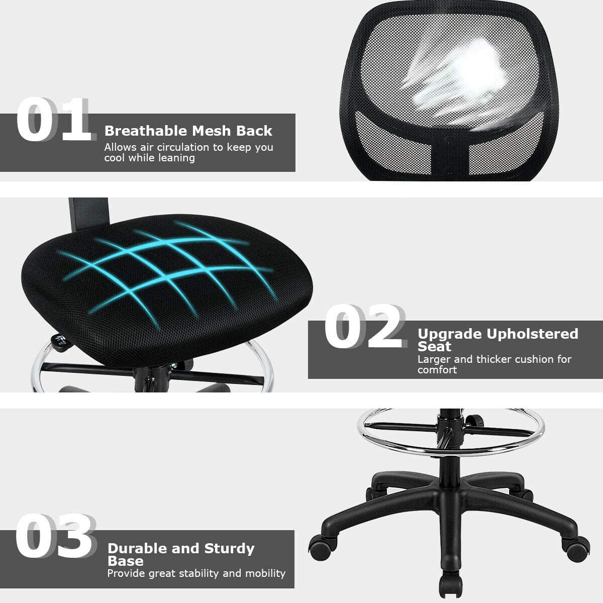 Black Mesh Drafting Chair with Footrest Ring X964