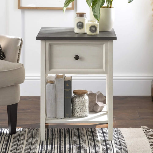 1 Drawer Wood Square Side Table, 19 Inch, Grey And White K26996