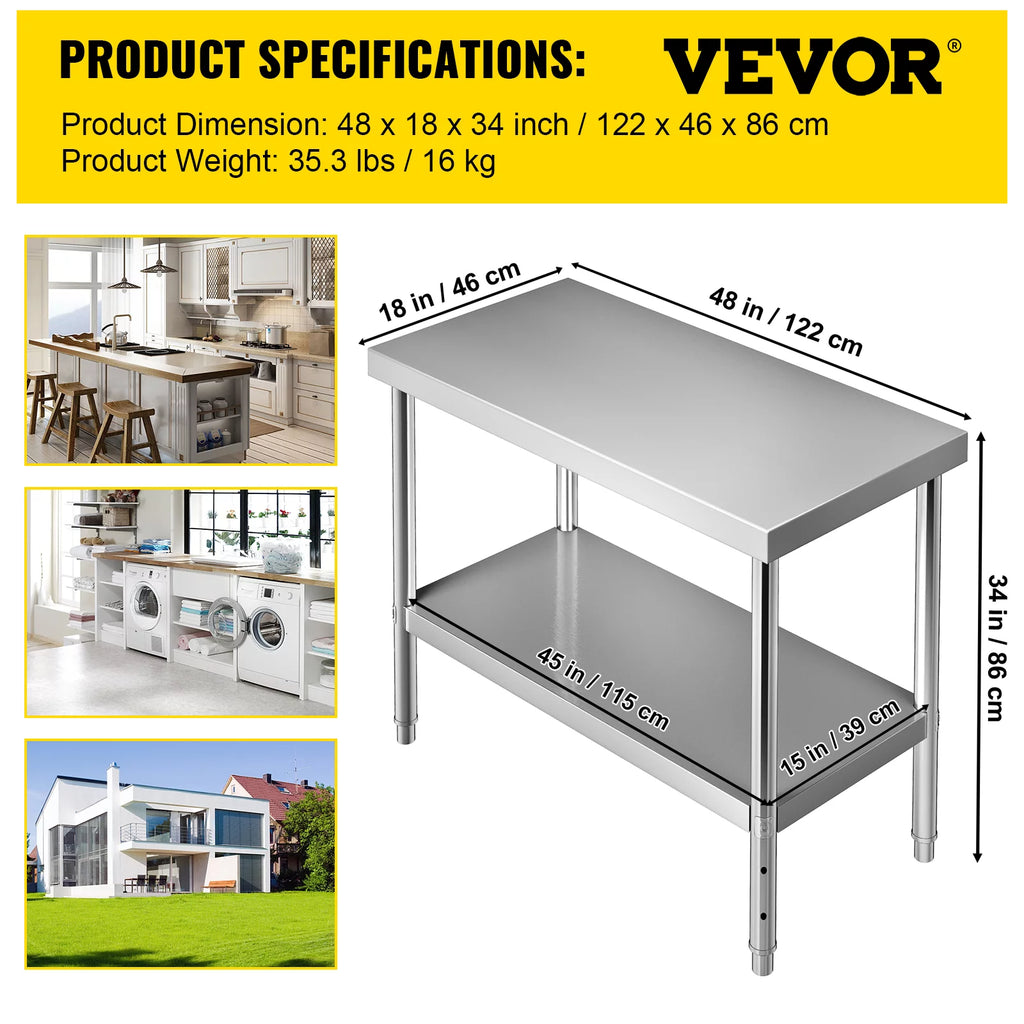 Stainless Steel Prep Table 48 x 18 x 34 Inch U186