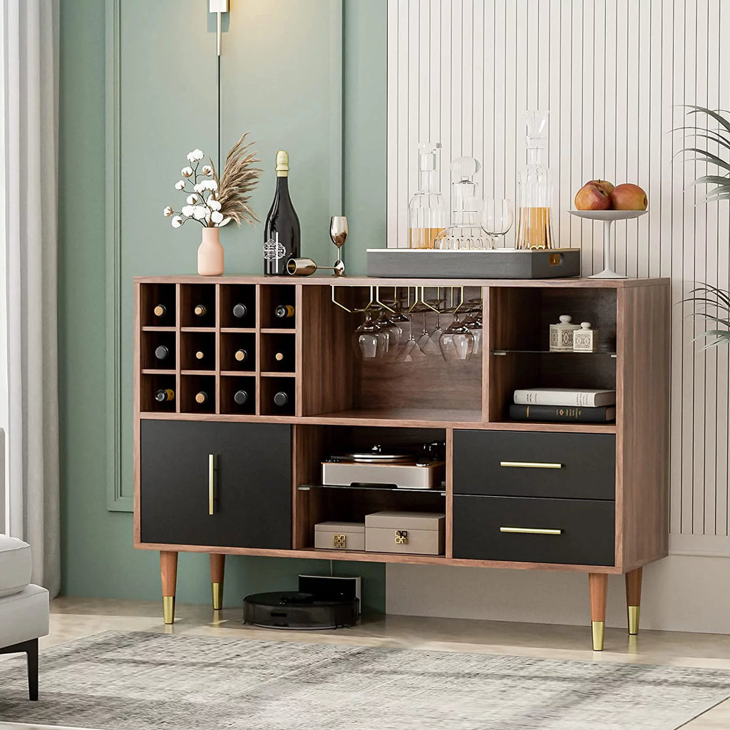47 Inch Walnut Black Kitchen Sideboard Buffet Storage Cabinet with Wine Rack O22053