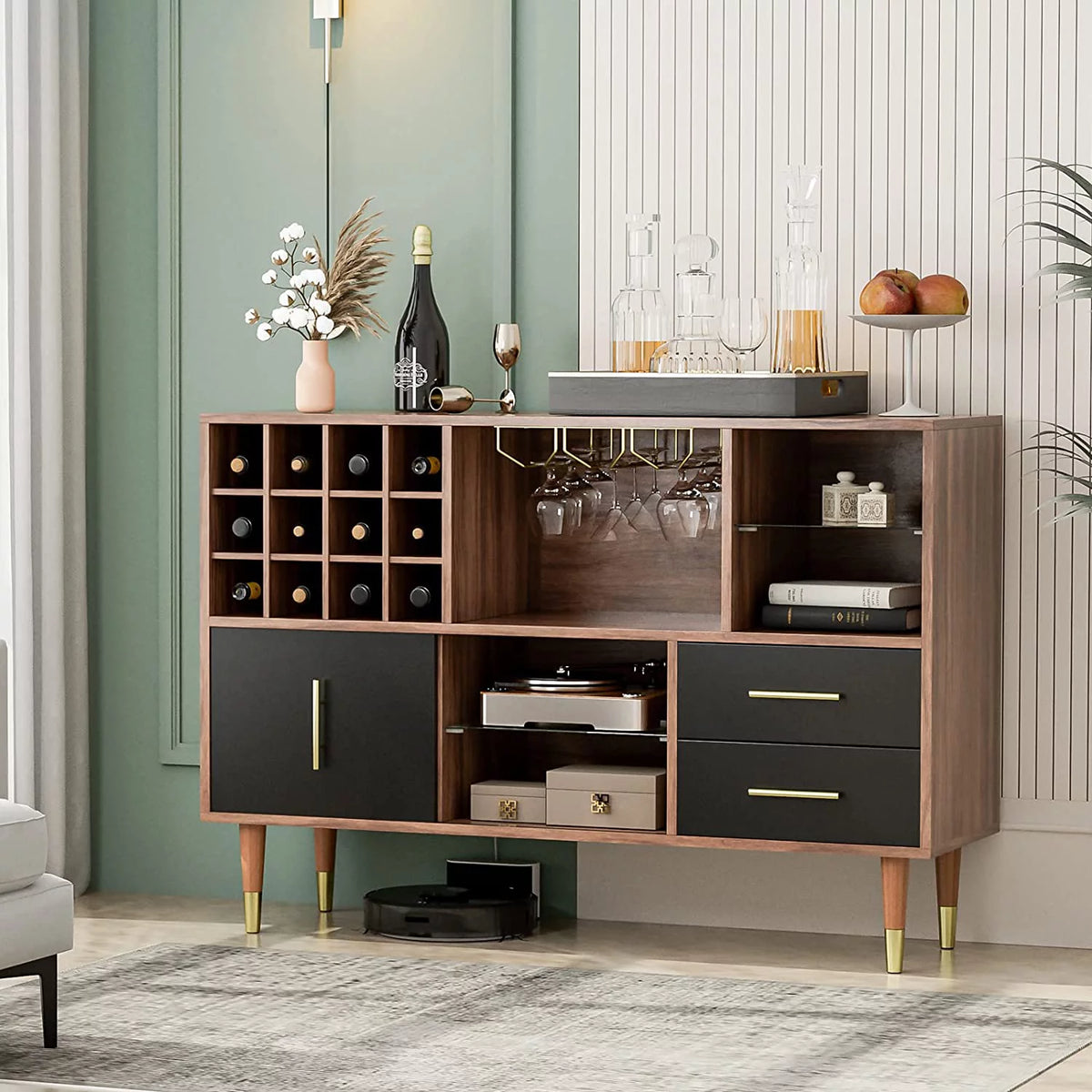 47 Inch Walnut Black Kitchen Sideboard Buffet Storage Cabinet with Wine Rack O22053